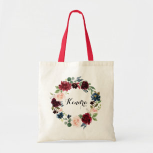 Bolsa Tote Aguarela Borgonha e outono floral azul da grinalda