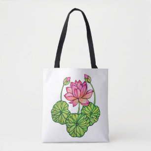 Bolsa Tote Aguarela Lotus cor-de-rosa com botões & folhas