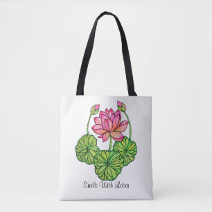 Bolsa Tote Aguarela Lotus cor-de-rosa com botões & folhas