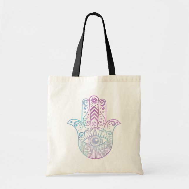 Bolsa Tote Aguarela roxa e azul da mão de Hamsa (Frente)
