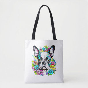 Bolsa Tote Ai Boston Terrier cercado por flores