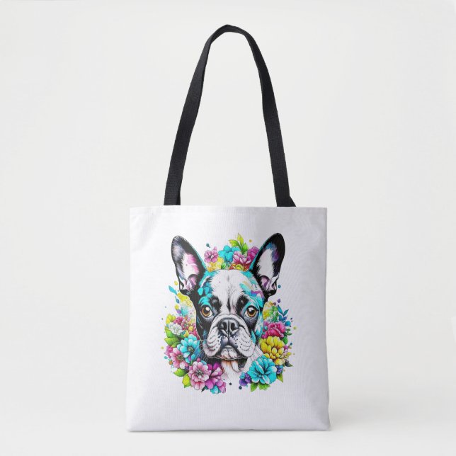 Bolsa Tote Ai Boston Terrier cercado por flores (Frente)