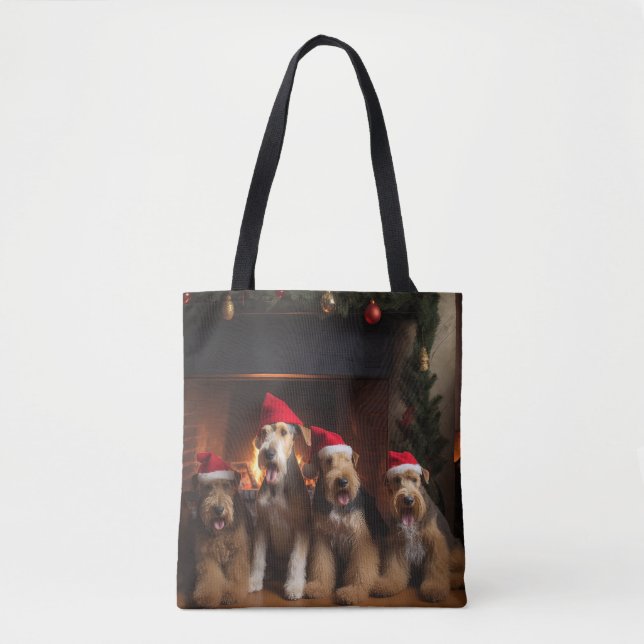 Bolsa Tote Airedale ao lado da Lareira Natal (Frente)