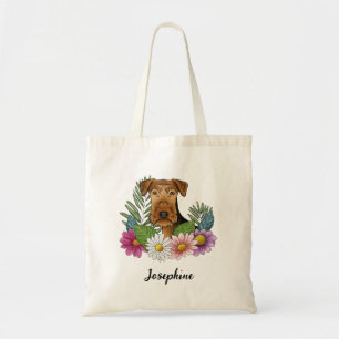 Bolsa Tote Airedale Terrier Com Flores Coloridas E Nome