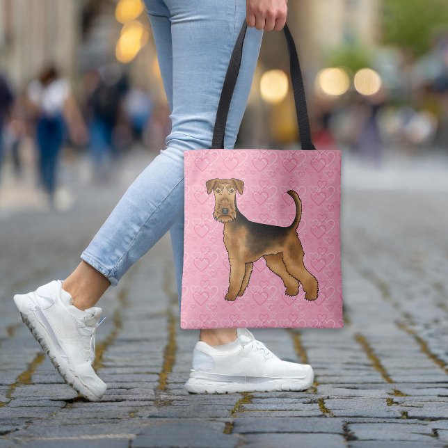 Bolsa Tote Airedale Terrier Dog Love with Pink Heart Pattern (Please note: This image is a digital mockup. The product may not be in scale.)