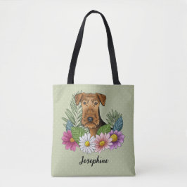 Bolsa Tote Airedale Terrier E Coloridas Flores de Verão Verde