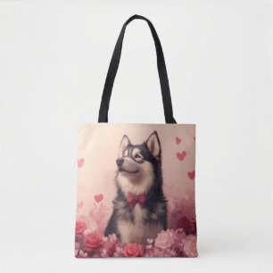 Bolsa Tote Alaskan Malamute com Rosas - Dia de os namorados