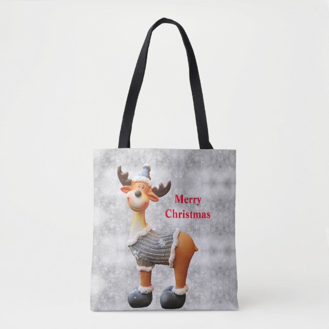 Bolsa Tote Alce de Natal alegre usando um chapéu          (Frente)