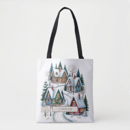 Bolsa Tote Aldeia de Natal com Neve Nome Aquarela