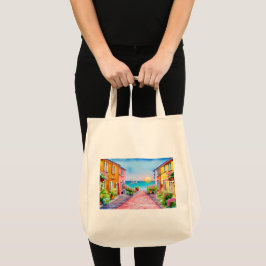 Bolsa Tote Aldeia do litoral Sunset Watercolor