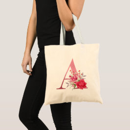 Bolsa Tote Alfabeto A em Dourado Rosa Monograma com Flores Aq