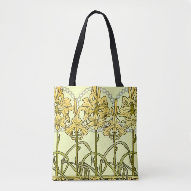 Bolsa Tote Alfonse Mucha Art Nouveau Lily Padrão Floral (Frente)