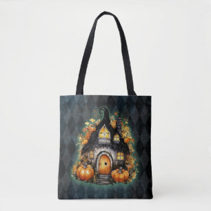 Bolsa Tote Algodão De Fada Gótica De Halloween Azul Argyle