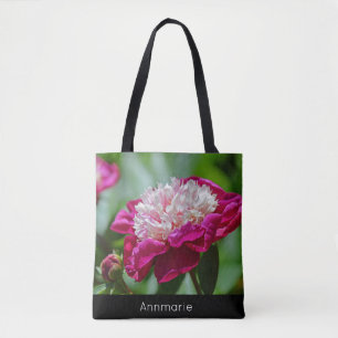 Bolsa Tote Algodão Rosa Horário de Peony Garden Flor com Text
