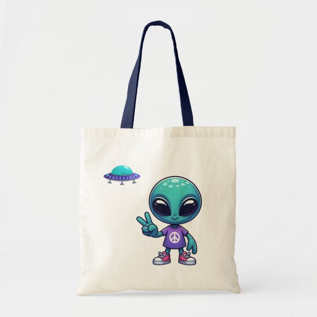 Bolsa Tote Alienígena de paz e nave espacial (Frente)