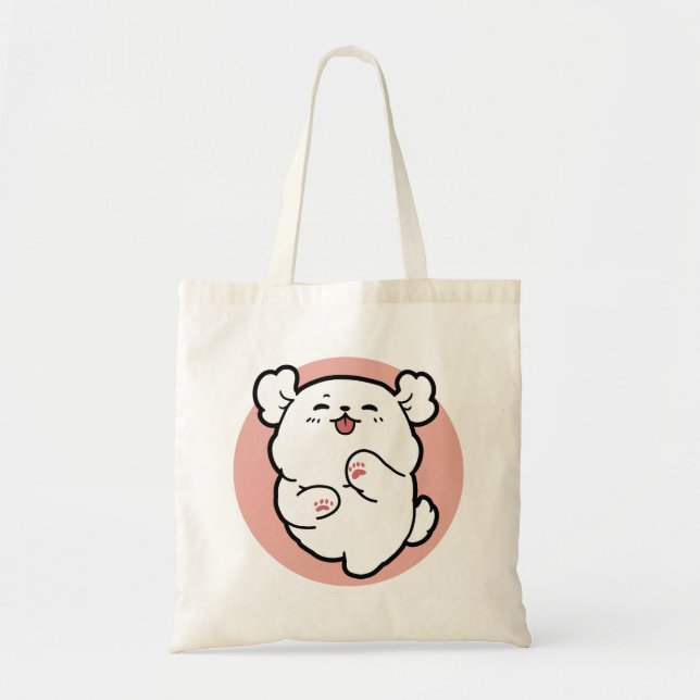 Bolsa Tote Alô! - Design de Cartoon Feliz de Cachorro Branco (Frente)