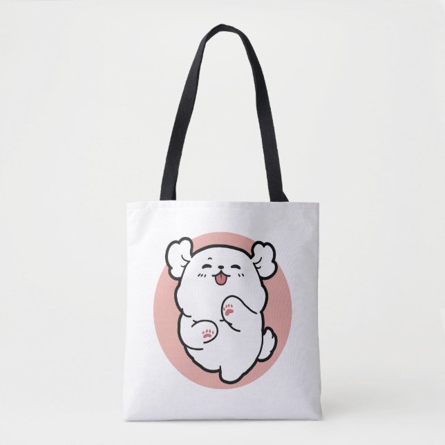 Bolsa Tote Alô! - Design de Cartoon Feliz de Cachorro Branco (Frente)