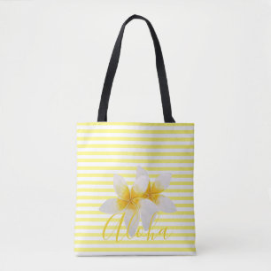 Bolsa Tote Aloha   Flor Tropical Elegante e Estrias Amarelas