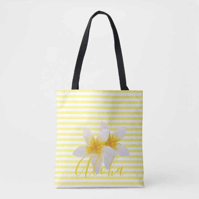 Bolsa Tote Aloha | Flor Tropical Elegante e Estrias Amarelas (Frente)