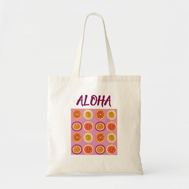Bolsa Tote Aloha Havaiano Frutas Rosa Retro  (Frente)