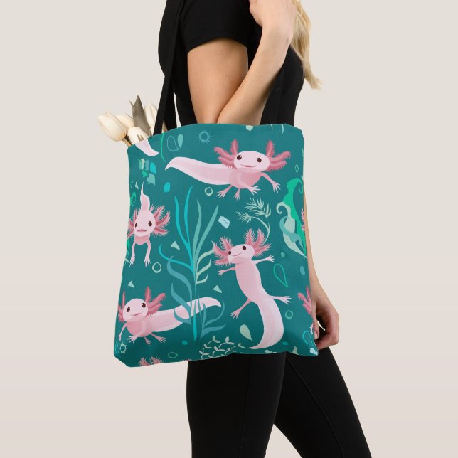 Bolsa Tote Alotta Pink Axolotls Nadando Saco (Close Up)