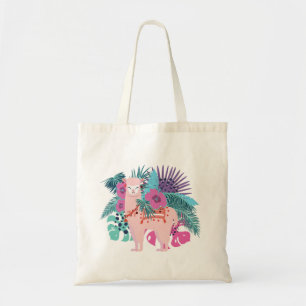 Bolsa Tote Alpaca rosa, folhas tropicais de lama e flores