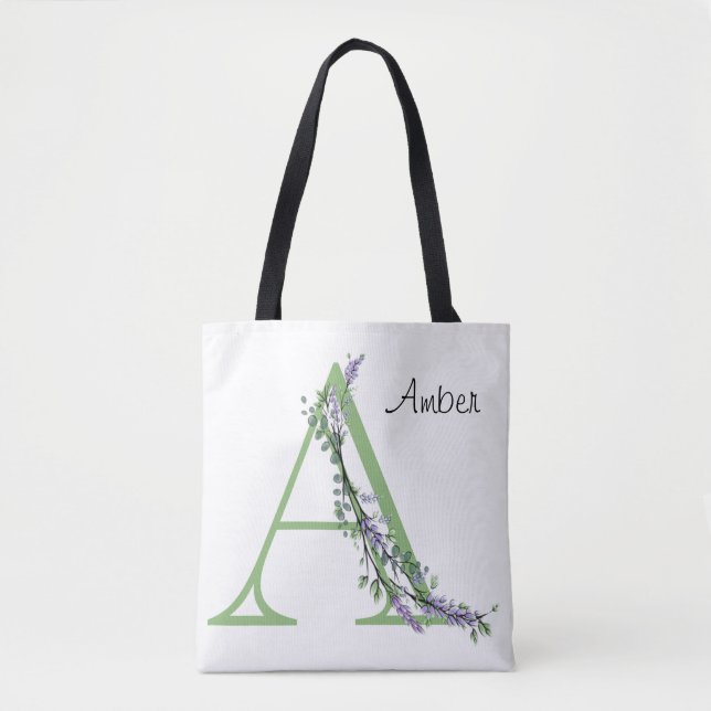 Bolsa Tote Alphabet - Letra A Lavanda Eucalyptus watercolor (Frente)