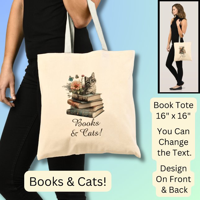 Bolsa Tote Alterar Texto, Livros e Gatos, com Flores, a Preto (Criador carregado)