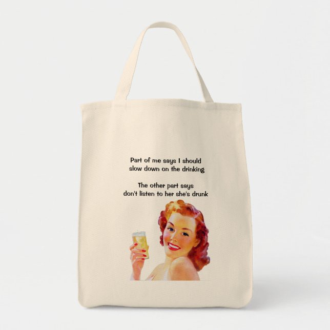 Bolsa Tote Ama de casa retrô com citação engraçada de bêbada  (Frente)