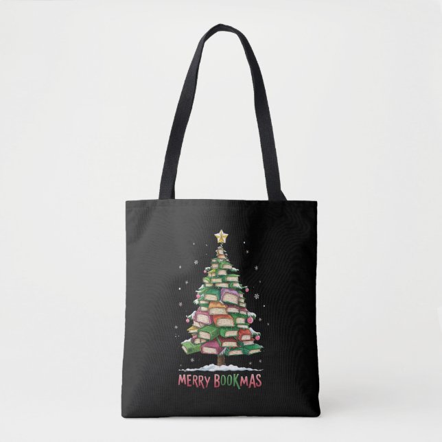 Bolsa Tote Amante do Livro de Natal Árvore Bibliotecário Feli (Frente)