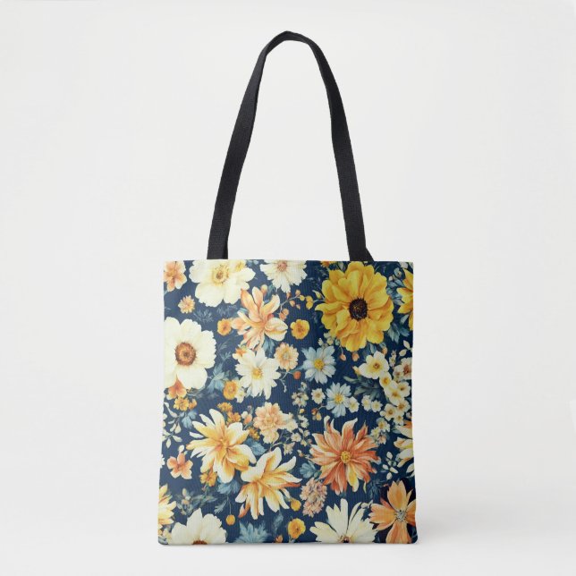 Bolsa Tote Amarelo-alaranjado e flores brancas deliciosas (Frente)