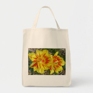 Bolsa Tote Amarelo com barra orgânica de flores com risca ver