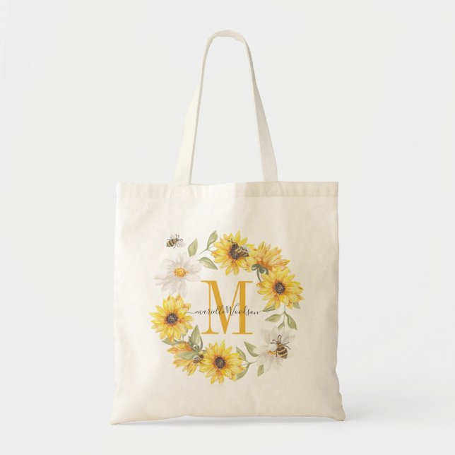 Bolsa Tote Amarelo Dourado Amarelo Monograma Flores suntuosas (Frente)