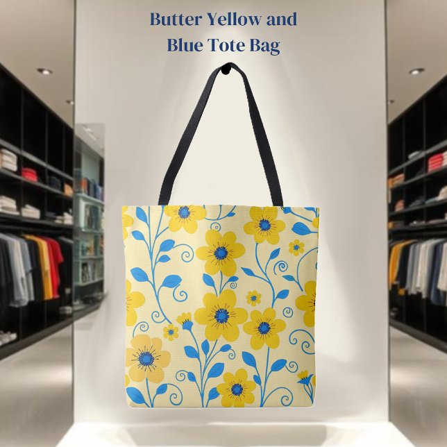 Bolsa Tote Amarelo-Manteiga e Floral Azul (Butter Yellow and Blue Floral-Tote Bag )