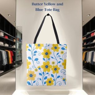 Bolsa Tote Amarelo-Manteiga e Floral Azul