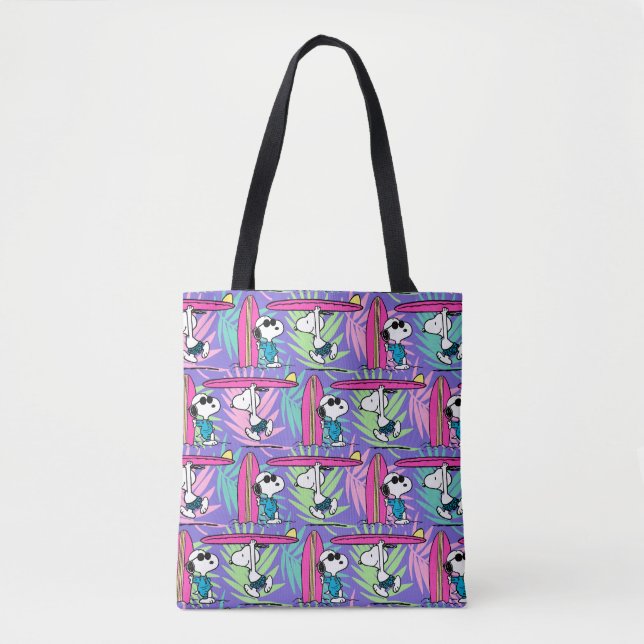 Bolsa Tote Amendoins | Padrão de Surf Roxo de Snoopy (Frente)