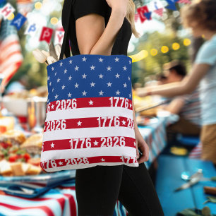 Bolsa Tote América 250 Estrelas e Listras 1776 2026 Letreiro