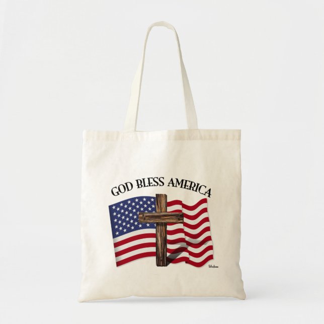 Bolsa Tote AMÉRICA deus abençoe com robusta bandeira cruzada  (Frente)