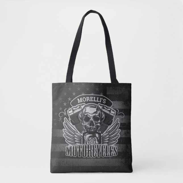 Bolsa Tote American Biker ADD NAME Skull V-Twin Motocicletas (Frente)