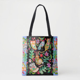 Bolsa Tote Amigos de Animais Florais de Arte Folclórica Preto
