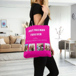 Bolsa Tote Amigos para sempre, nomes de colagem de fotografia<br><div class="desc">Faça sua própria colagem de fotos única como um presente para seu melhor amigo. Use quatro,  quatro das suas fotos favoritas. Com o texto: Melhores amigos para sempre. Personalize e adicione seu(s) nome(s). Fundo rosa quente. Perfeito como aniversário,  presente de Natal ou para um evento especial.</div>