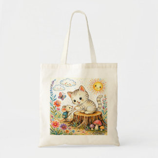 Bolsa Tote Amizade Caprichosa de Gatinho e Rato em Aquarela