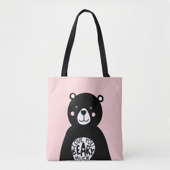 Bolsa Tote Amo-te, Beary, Ouvir Urso Rosa Negra (Frente)
