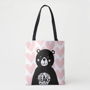 Bolsa Tote Amo você Beary Muito Ouça Urso Rosa Preto Menina
