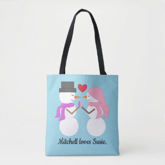 Bolsa Tote Amor & Bonecos de Neve: Azul Claro