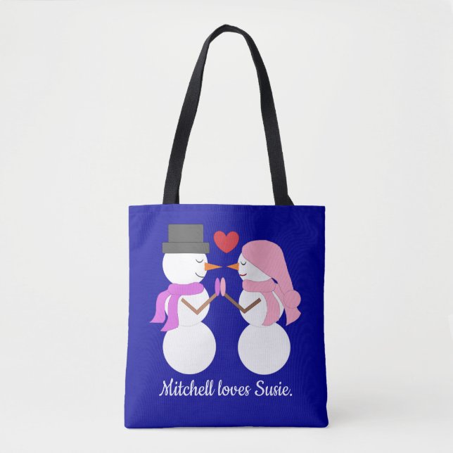 Bolsa Tote Amor & Bonecos de Neve: Azul Escuro (Frente)