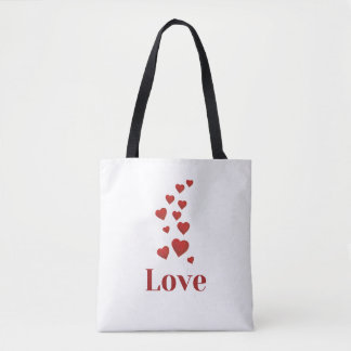 Bolsa Tote AMOR, corações vermelhos, saco branco de tote.