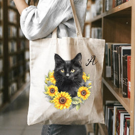 Bolsa Tote Amor de Gato Preto Girassóis Inicial