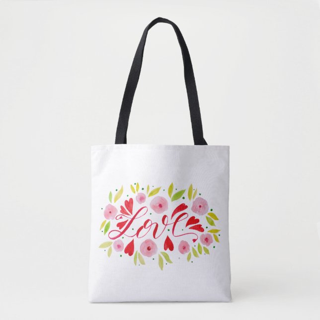 Bolsa Tote Amor e flores - rosa e vermelho (Frente)