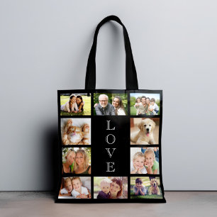 Bolsa Tote Amor Familiar 10 Colagem de Fotos Preta